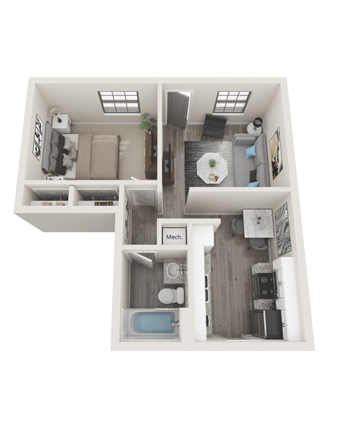 A top down view of a small apartment with a kitchen, living room, and bathroom.
